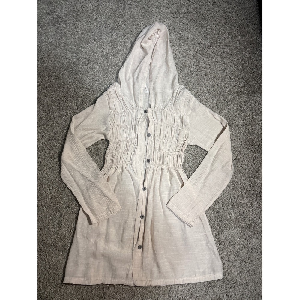 Cream Smocked Hooded Button Down Tunic Mini Dress Gauze Shimmer Boho